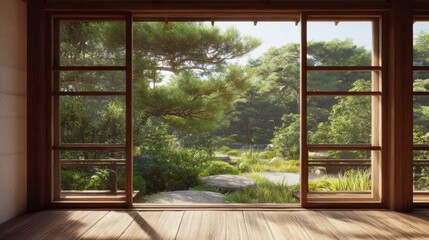 Open Window View to Green Garden and Nature Landscape