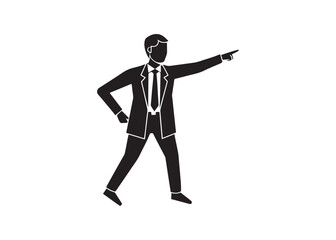 Businessman in Suit, Silhouette Icon, Pointing, Directing, Leadership, Guidance, Vector Illustration.