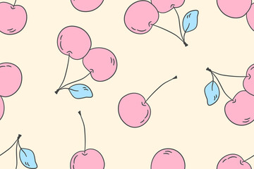 Summer seamless pattern with vector illustrations of cherry cartoon background