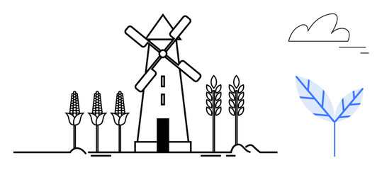 Windmill surrounded by corn and wheat, a tree branch, and a cloud. Ideal for agriculture, sustainability, energy, farming, rural life, eco-friendly design simple landing page