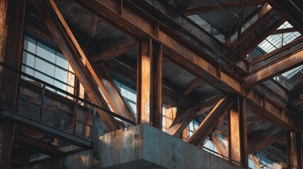 Interior view of an industrial building with rusty steel support beams, concrete walls, and large windows.