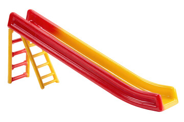 Red and yellow plastic childrens playground slide with a ladder.