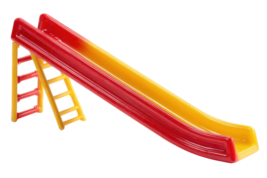 Red and yellow plastic childrens playground slide with a ladder.