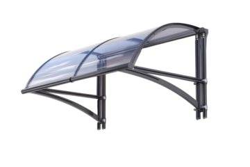 Modern black frame door canopy with curved polycarbonate sheet.