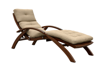 Elegant wooden chaise lounge chair with beige cushion.