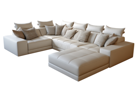 Large modern light beige sectional sofa isolated on a white background.