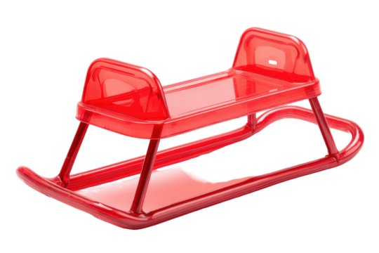 A vibrant red plastic toy sled isolated on white.