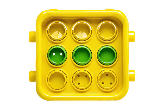 Yellow plastic toy block with green circular inserts.