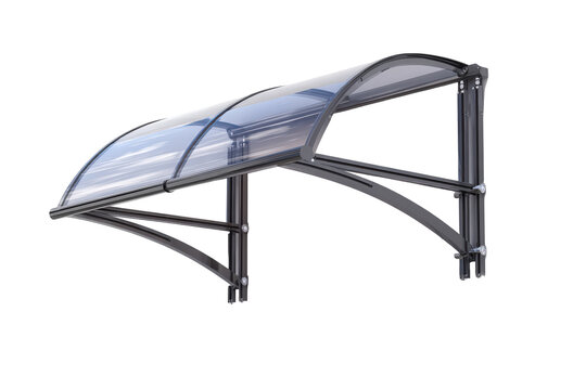 Modern black frame door canopy with curved polycarbonate sheet.