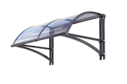 Modern black frame door canopy with curved polycarbonate sheet.