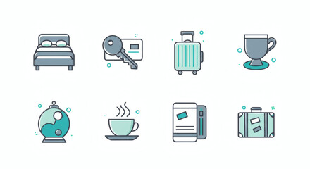 Modern Flat Line Vector Icon Set for Travel and Hospitality Services Essential Symbols for Hotels, Accommodation, and Vacation Planning, Featuring Luggage, Room Keys, and Guest Amenities