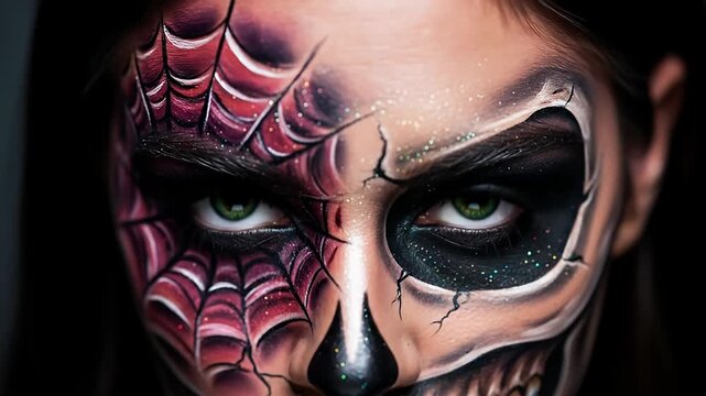 Close-up of a woman's face with striking spiderweb and skull makeup for Halloween