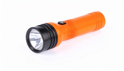 Render an orange handheld flashlight with black lens rim, side power button, and textured grip, isolated on white background, emphasizing portable lighting design and emergency tool functionality.