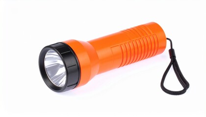 Render an orange handheld flashlight with black lens rim, side power button, and textured grip, isolated on white background, emphasizing portable lighting design and emergency tool functionality.