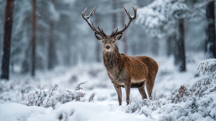 Majestic red deer stag standing in snow covered winter forest, beautiful wildlife scene capturing festive season atmosphere with frosty trees and peaceful nature background in cold seasonal landscape