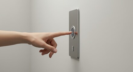 Human Hand Pressing Elevator Button in Modern Building with Neutral Wall Background