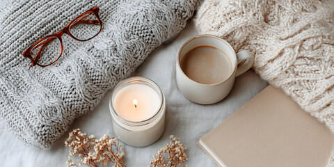 Cozy Winter Afternoon With Warm Drink, Soft Blankets, and Soothing Candlelight in a Comfortable Setting