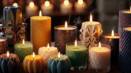 Assortment of decorative candles in different sizes, shapes, and colors are lit - Powered by Adobe