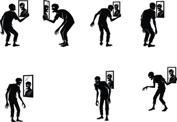 Zombie looking in mirror, horror reflection scene, undead identity crisis, creepy silhouette art, scary psychological concept, haunted self-perception, fear expression