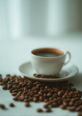 A Cup of Coffee with Beans and Bokeh on Bright Background, High-key Lighting, Soft Shadows, Professional Still Life, for Cafe Menu, Advertising, and Lifestyle Blog Content