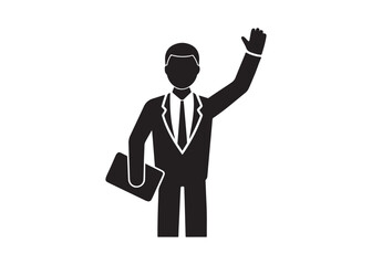 Obraz premium Friendly Businessman Waving, Black and White Icon, Professional, Approachable, Corporate Greeting.