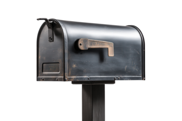 Classic black metal mailbox on a post isolated on white.