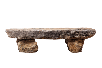 A simple primitive bench made from a flat stone slab and two rock supports.