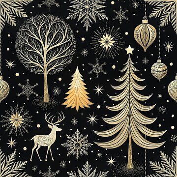 Elegant black Christmas pattern with gold trees, deer, snowflakes and ornaments creating luxurious holiday seamless design