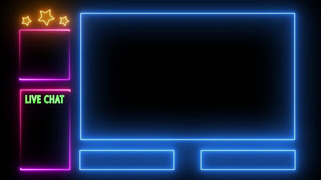 Neon streaming overlay with Live Chat. Intermission Stream Overlay Animated, Neon Sign looping facecam and chat for live streaming, Intermission Stream Overlay Animation