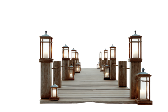 Wooden walkway with illuminated lanterns on posts isolated on white.