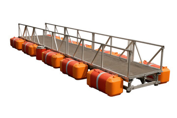 Long floating pontoon bridge with orange buoys isolated on a white background.