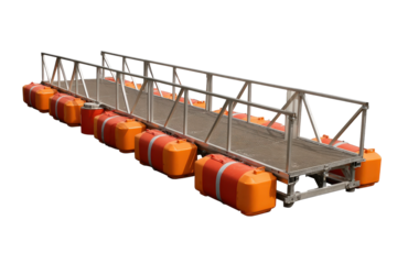 Long floating pontoon bridge with orange buoys isolated on a white background.