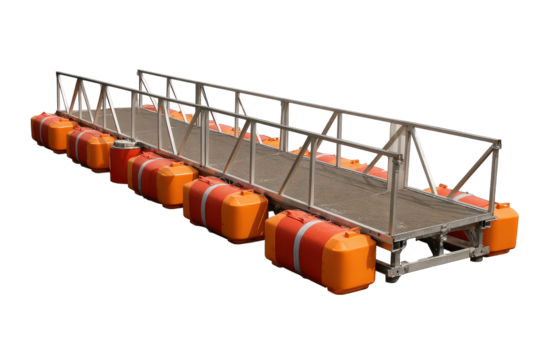 Long floating pontoon bridge with orange buoys isolated on a white background.