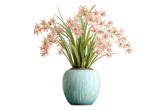 Elegant pink cymbidium orchids in a textured turquoise vase.