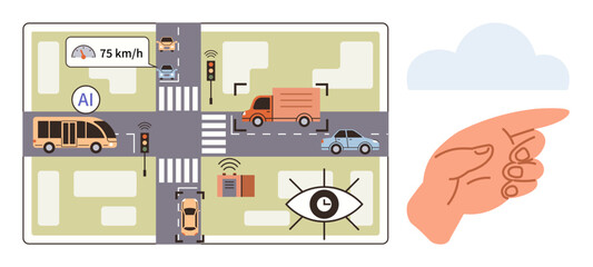 Traffic intersection with AI, vehicles, data monitoring, surveillance camera. Ideal for technology, transportation, urban planning, automation innovation safety artificial intelligence. Simple