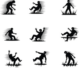 Zombie silhouettes walking and falling in grass, horror undead figures in motion, spooky Halloween design, creepy undead night theme