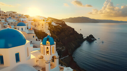 Obraz premium Santorini Greece white buildings blue domes overlooking Aegean Sea at sunset