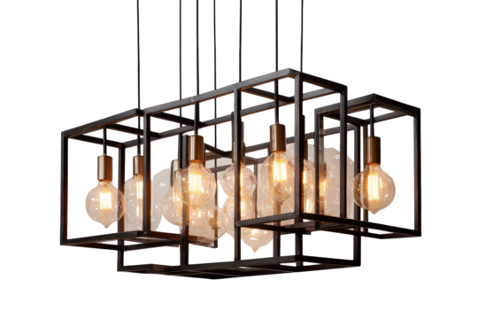 Modern industrial black metal cage chandelier with vintage bulbs.