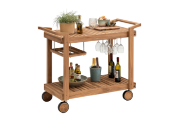 Stylish Wooden Bar Cart Trolley with Wine Bottles and Glasses.