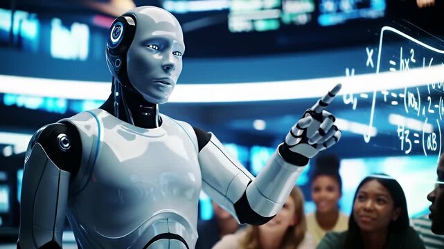 A humanoid robot teaches math to students, pointing at equations on a transparent screen