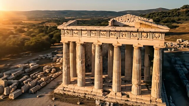 Grand column ruins sit atop a hill with golden hour light and landscape backdrop