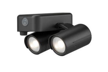 Modern black dual head track lighting fixture isolated on white.