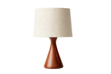 Stylish wooden table lamp with a classic white lampshade.