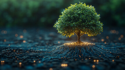 Growing tree, circuit board roots, vibrant forest background.  Possible use for environmental sustainability concepts