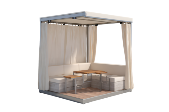 Modern outdoor gazebo cabana with seating and curtains isolated on white.