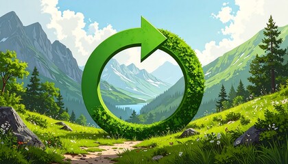 Green circle, nature, mountains, valley, path, and plants