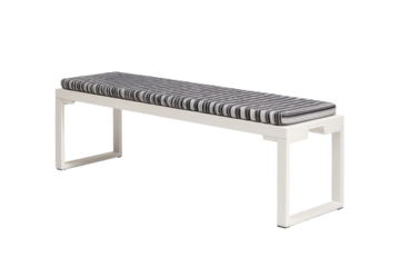 Modern white bench with a black and grey striped cushion.
