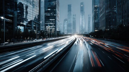 Fototapeta premium Modern Cityscape with Skyscrapers and Light Trails in Nighttime Urban Environment