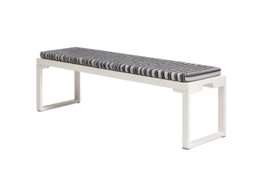 Modern white bench with a black and grey striped cushion.