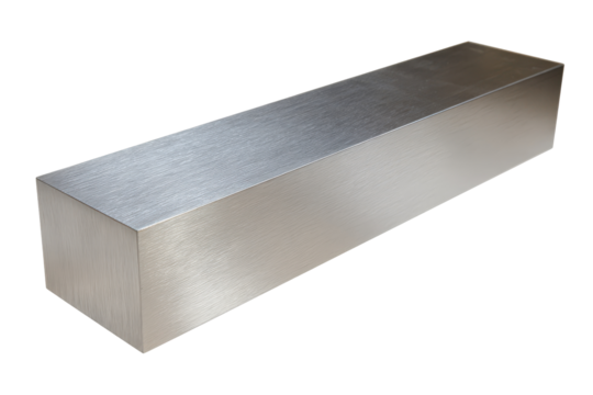A solid rectangular steel block isolated on a white background.